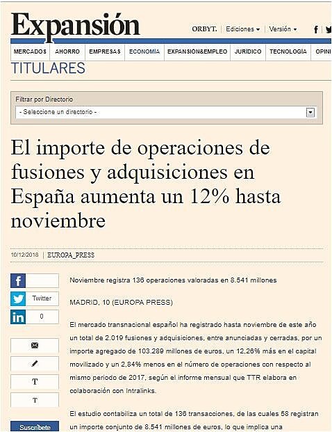 El importe de operaciones de fusiones y adquisiciones en Espaa aumenta un 12% hasta noviembre
